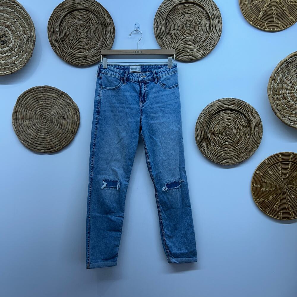 Abercrombie Kids Blue Distressed Mid Rise Boyfriend Jeans Denim Girls 17/18 LONG